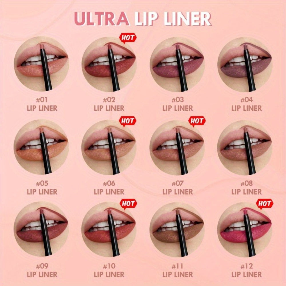 Waterproof Lip Liner Pencil Set 12 Pieces Multi-Functional Lip Eye & Brow Liner, for Makeup, Travel and Everyday Vanity Use