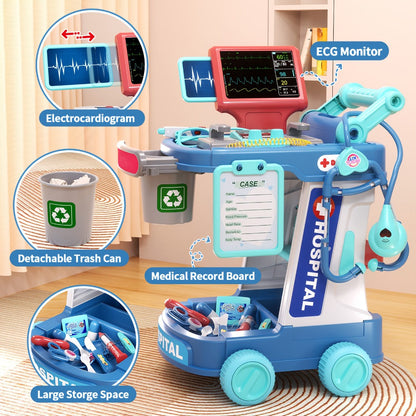 Kids Doctor Kit with Medical Cart Set, Movable Toy Trolley, Stethoscope, Thermometer & Accessories