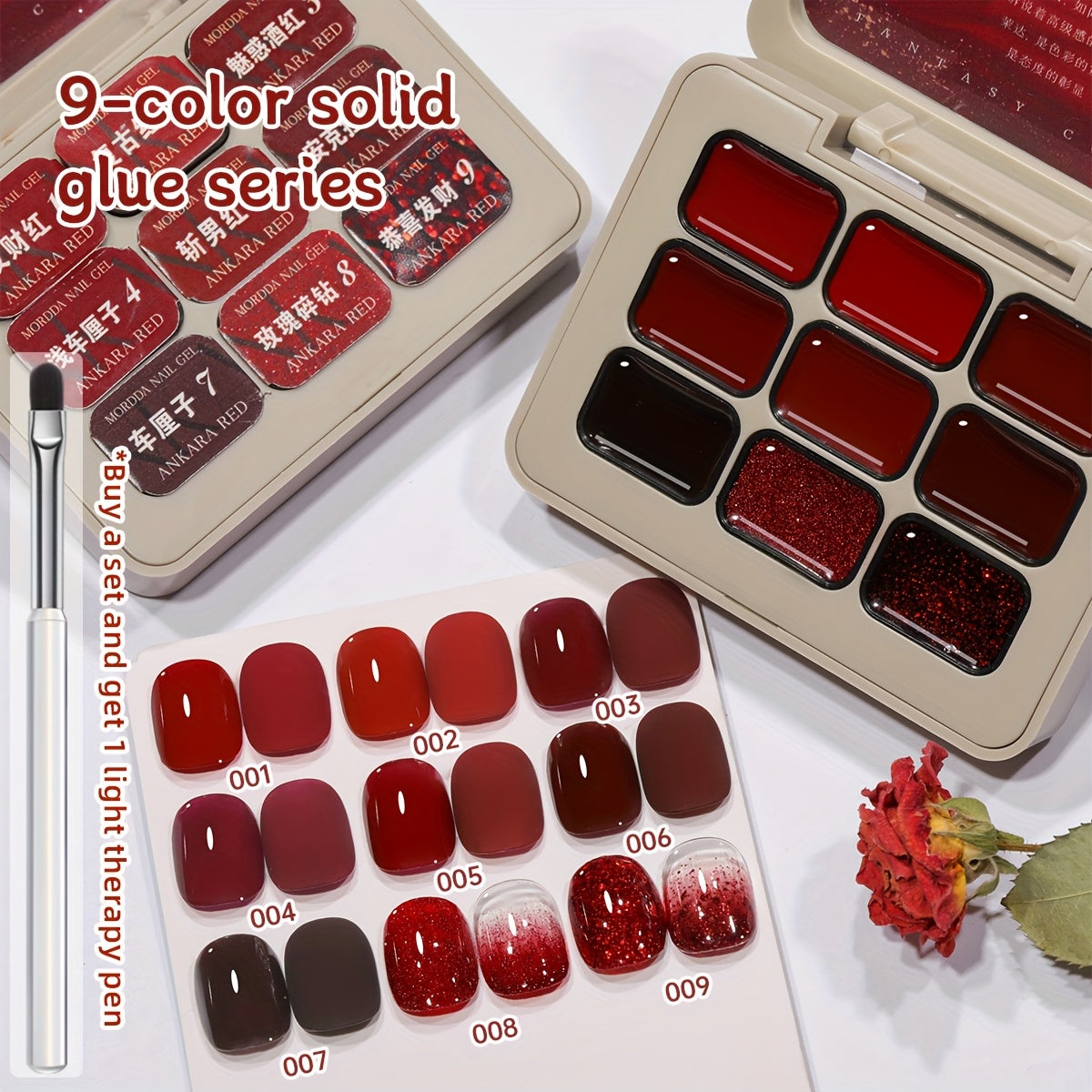 Gel Nail Polish Nine-Piece Ancola Red Solid Gel Set for Gradient and Ombre Nail Art in One Grid Case