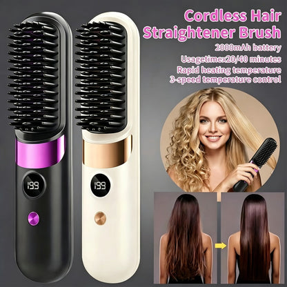 Cordless Hair Straightening Brush USB Rechargeable Portable Heated Straightener Comb Mini, for Home, Travel and Salon Hair Styling