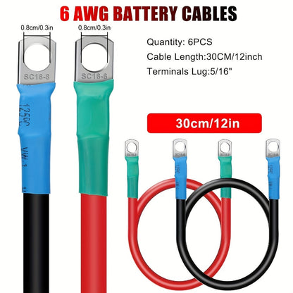 6AWG Battery Inverter Cables – 6-Pack 12-Inch Pure Copper Red & Black Cables with 5/16" Tinned Copper Lugs, PVC Insulated for Car, Truck