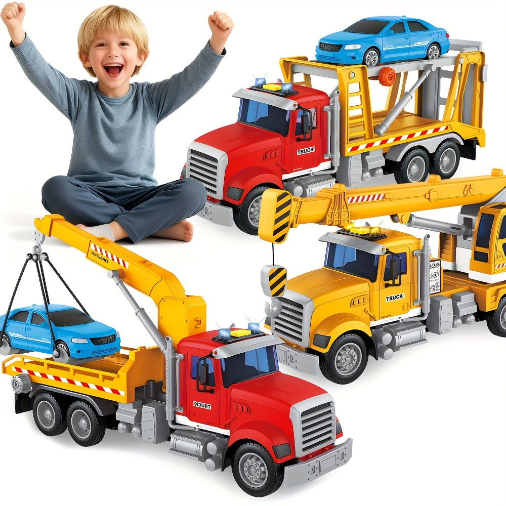 13-Inch Tow Truck Toy with Lights & Sounds, Friction Powered Transport Crane Truck for Boys Ages 3 4 5 6
