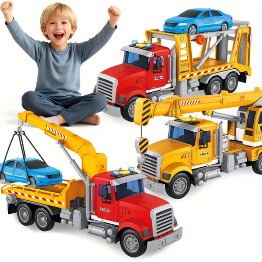 13-Inch Tow Truck Toy with Lights & Sounds, Friction Powered Transport Crane Truck for Boys Ages 3 4 5 6