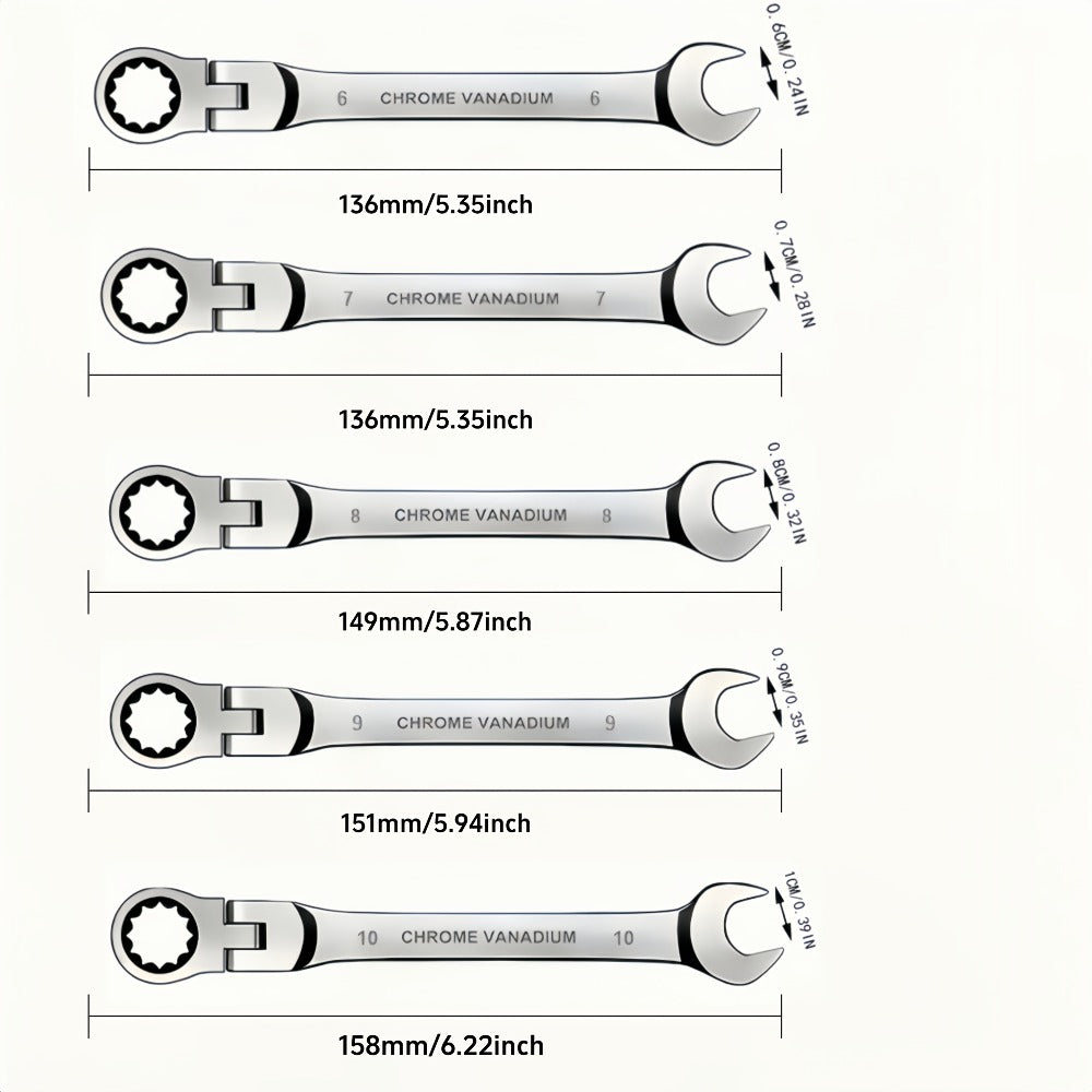 CR-V Flex Head Ratchet Wrench Set 5-Piece – 2-in-1 Reversible Open End & Hex Socket Dual-Purpose Kit | Automotive Engine Bay, Plumbing