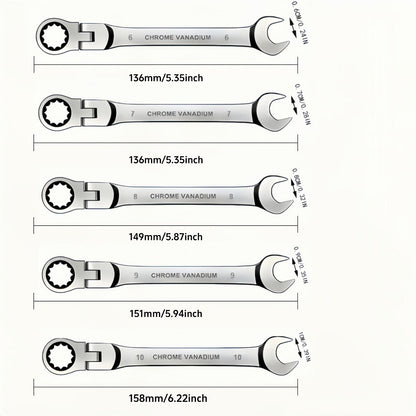 CR-V Flex Head Ratchet Wrench Set 5-Piece – 2-in-1 Reversible Open End & Hex Socket Dual-Purpose Kit | Automotive Engine Bay, Plumbing