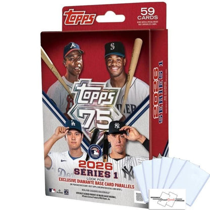 2026 Topps Series 1 Baseball MLB Hanger Box, 59 Cards with Diamante Foil Parallels, Autograph Relics & 6 Toploaders