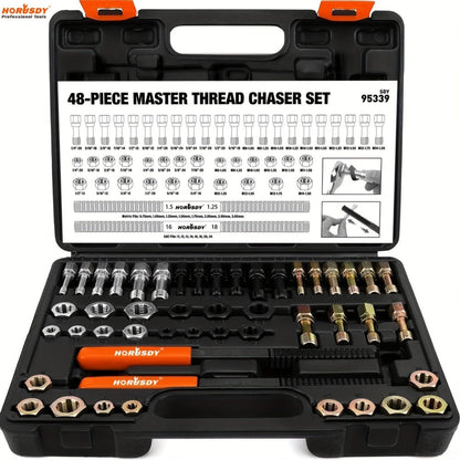 Thread Repair Kit 48-Piece – UNF UNC & Metric Tap and Die Rethreading Set, SAE & Metric Thread Chaser for Bolt & Nut Repair