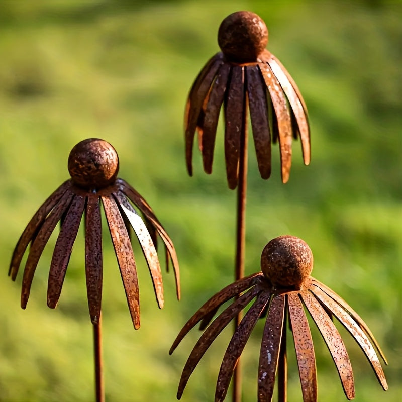 Rustic Iron Coneflower Garden Stake with 78 cm Stem, 13 cm Bloom and Ground Insert for Pots and Borders
