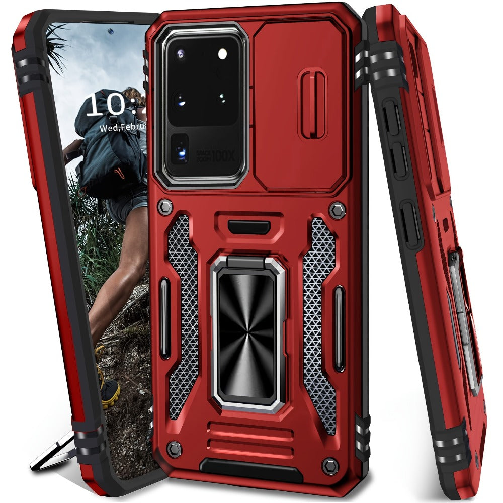 Samsung Galaxy Shockproof Magnetic Phone Case with 360° Rotating Ring Bracket & Sliding Lens Protector – Heavy Duty Cover for S24FE S23FE