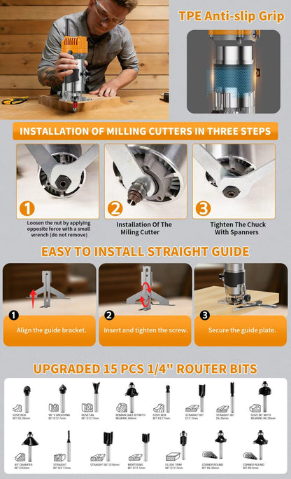 Wood Router Edge Trimmer 800W 6.1Amp Compact Hand Router Tool 35000RPM with Variable Speed, 1/4" Collet