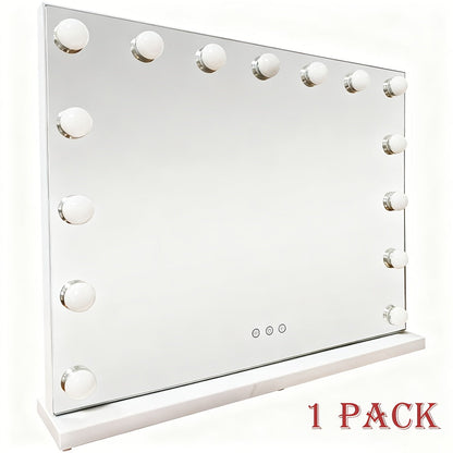 Hollywood Vanity Mirror with 15 LED Bulbs, 23 x 19 Inch Frame, Three Brightness Levels and White Base