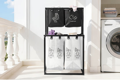 Laundry Sorter 2 Compartment Hamper – 2-Tier Metal Frame Laundry Hamper with Handles, Breathable Mesh Bags & Cable Ties
