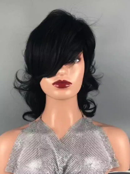 Synthetic Wig 14-Inch Curly-Wave Pixie Mullet with Bangs, 150% Density and Rose Net Cap in Three Colors