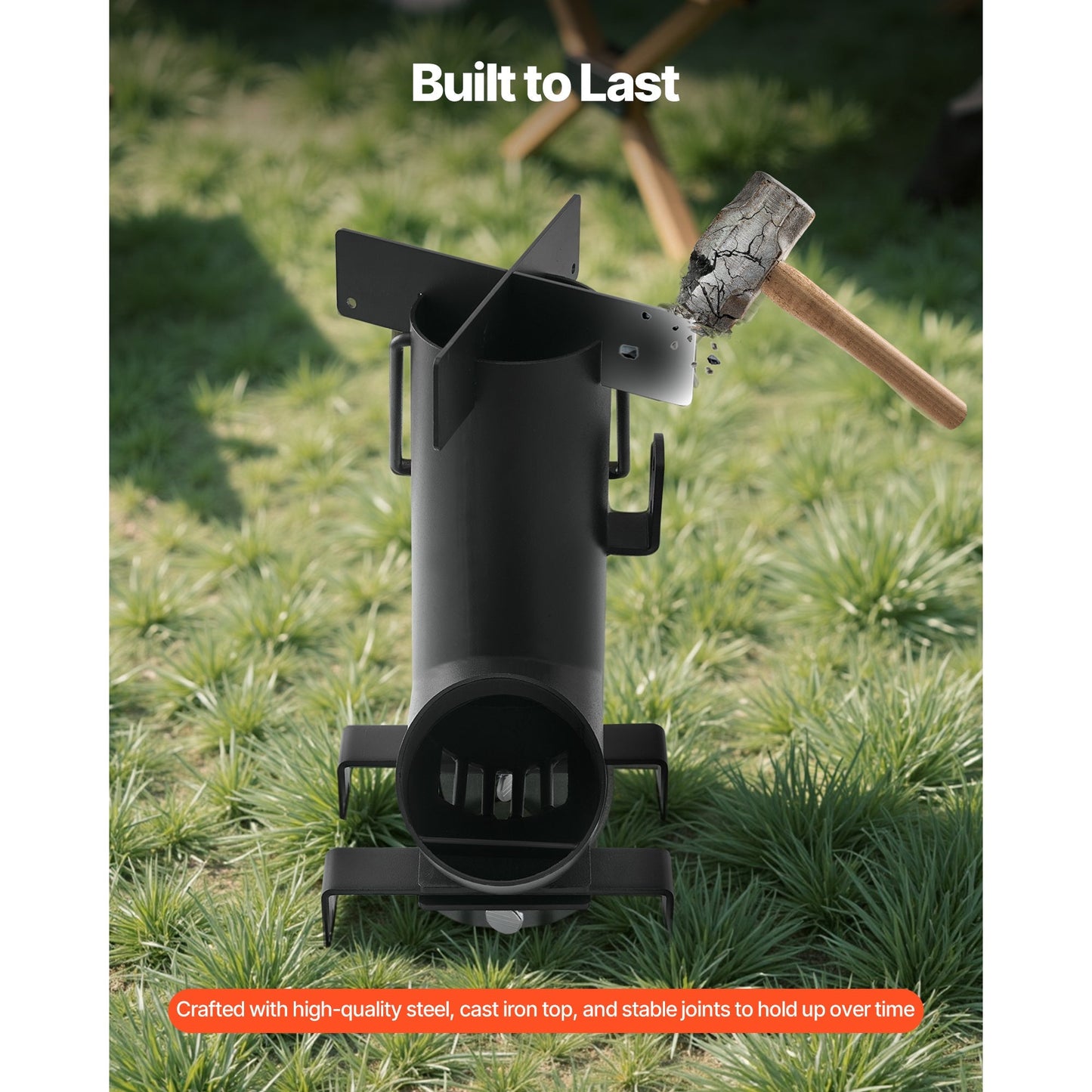 Black Wood-Burning Rocket Camping Stove with Cast-Iron Cooktop, Storage Bag and 12.96-Pound Weight