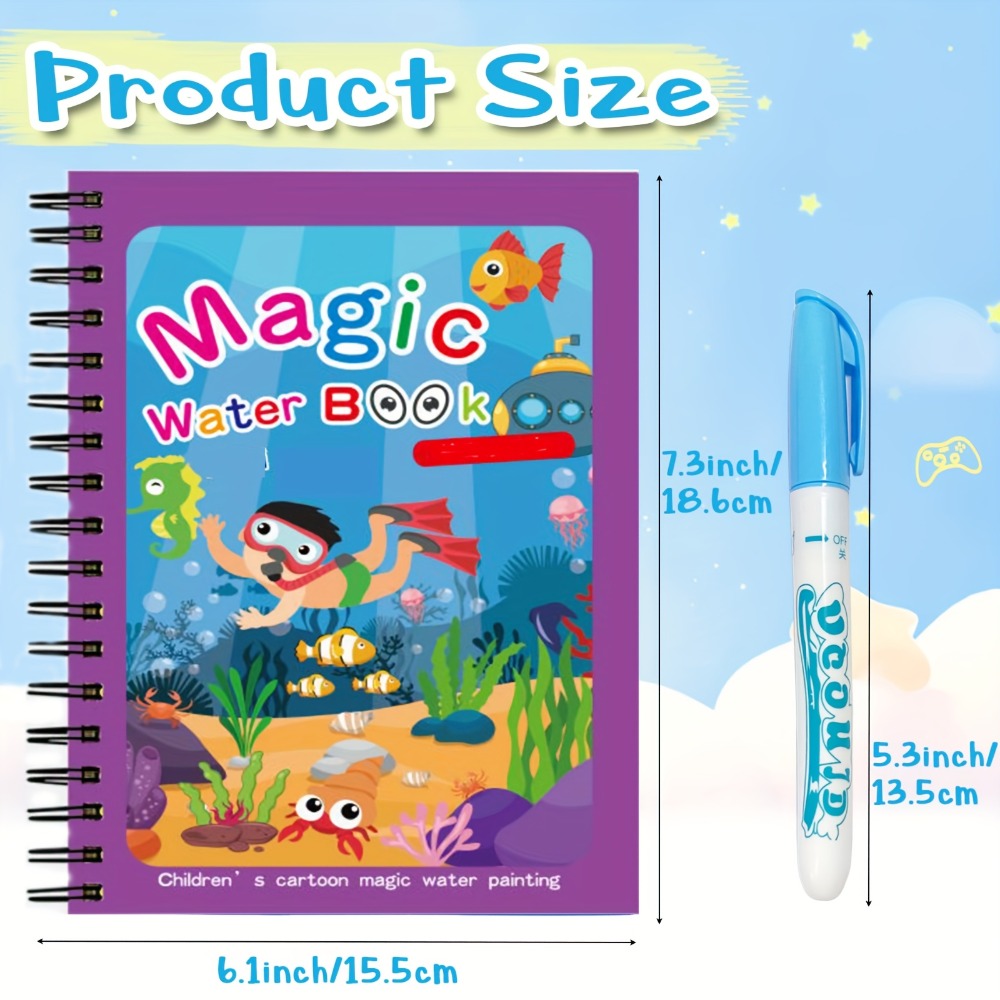 12-Piece Reusable Water Doodle Book Set with Refillable Pens and Assorted Illustrated Themes