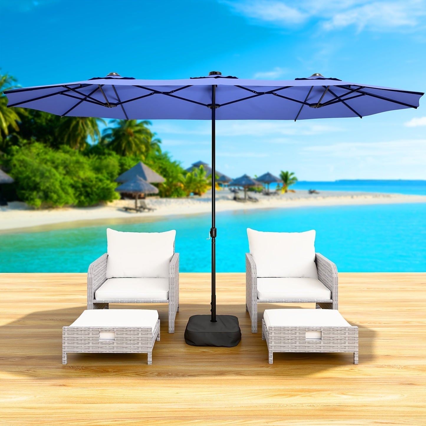 Patio Umbrella 15x7.5FT Double-Sided Style with Crank and Four Blue, Red, Khaki or Lake-Blue Options