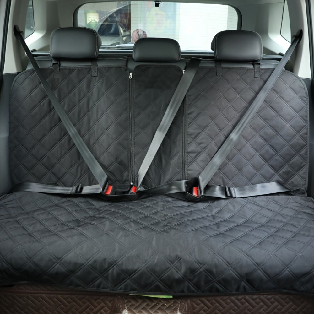 Black Quilted Rear Bench Car Seat Cover with Side Flaps and M, L or XL Three-Seat Vehicle Size Labels