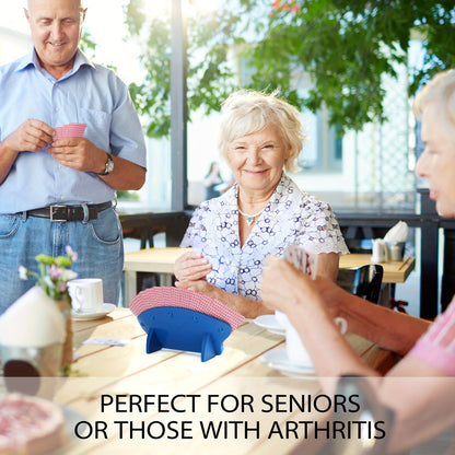 Four-Piece Blue Playing Card Holder Rack Set with Hands-Free Stands for Up to 15 Bridge or Poker Cards Each