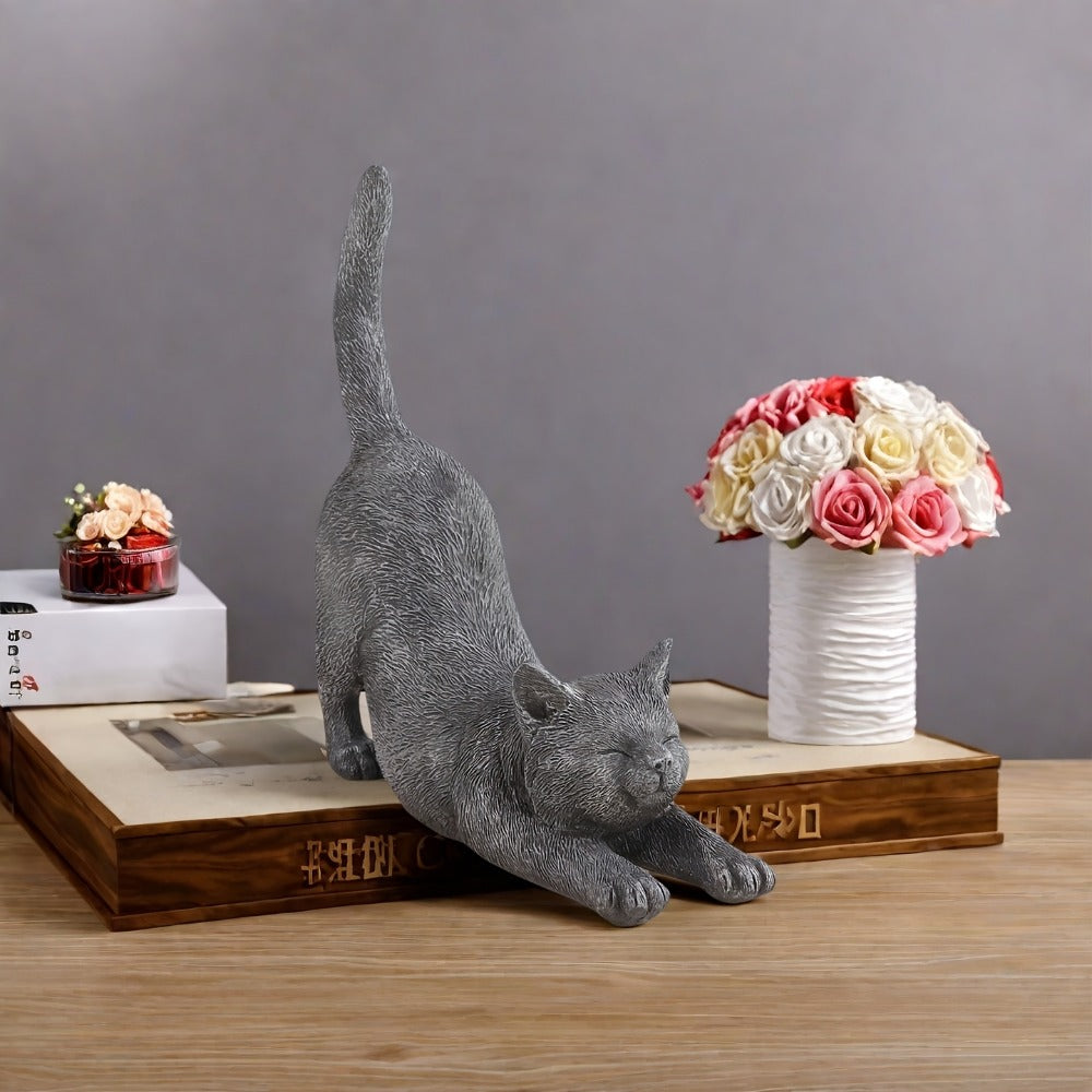 Yoga Cat Statue Hand-Painted Stretching Cat Figurine Grey Resin Decorative Sculpture for Home Office for Garden, Patio and Yard Use