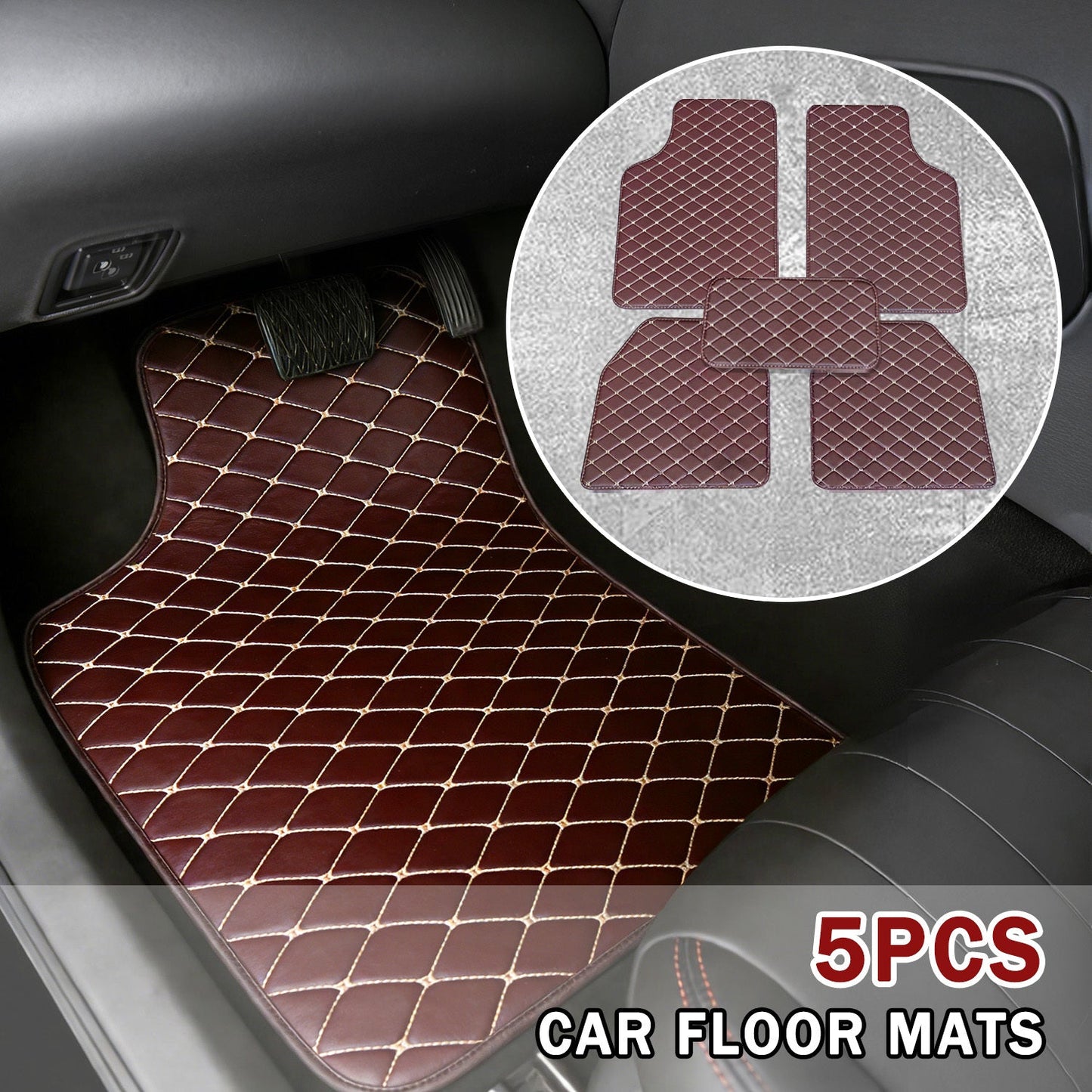 Quilted PU Car Floor Mats, Five-Piece Front and Rear Set in Red, Beige or Brown Color Options