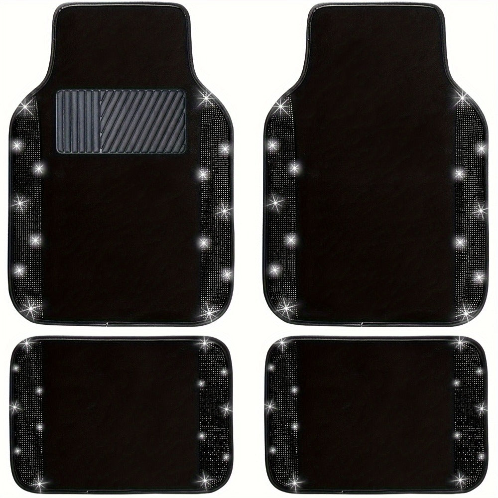 Rhinestone-Border Car Floor Mats, Four-Piece Black Carpet Set with Seven Accent Color Options