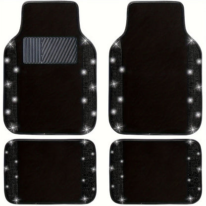 Rhinestone-Border Car Floor Mats, Four-Piece Black Carpet Set with Seven Accent Color Options
