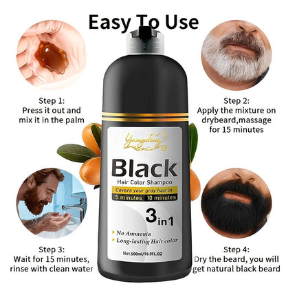 Hair Dye Shampoo, YANYUTONG 500ml Black 3-in-1 Pump Bottle for Hair and Beard Color Application