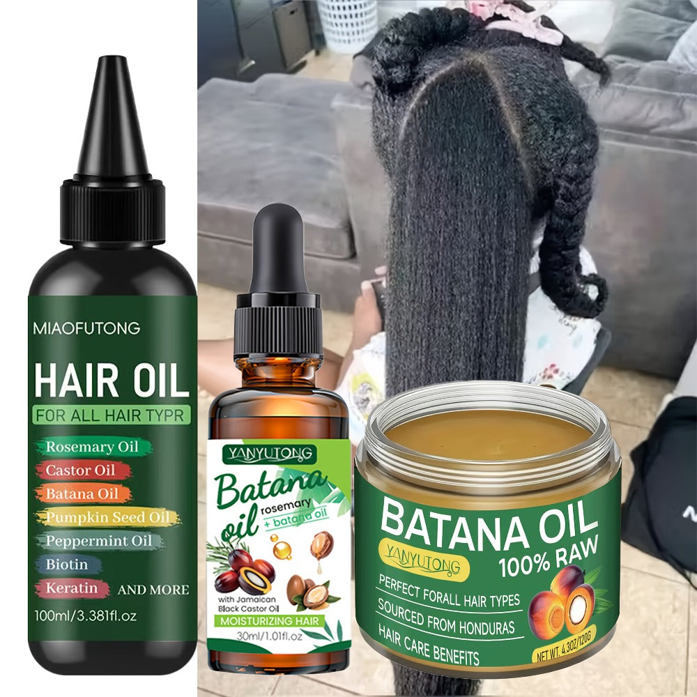 Biotin Hair Oil 3-Piece Set with Cold-Pressed Bataina Oil Essential Oil & Conditioner, Strengthens Breakage Split Ends Enhances Shine