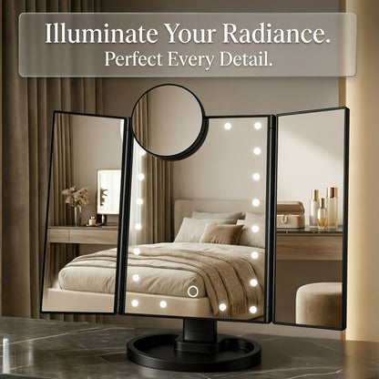 Vanity Mirror with Lights Tri-Fold 21 LED Lighted Makeup Mirror Touch Control 1X 2X 3X 10X Magnification 360 Rotation Dual Power Tabletop