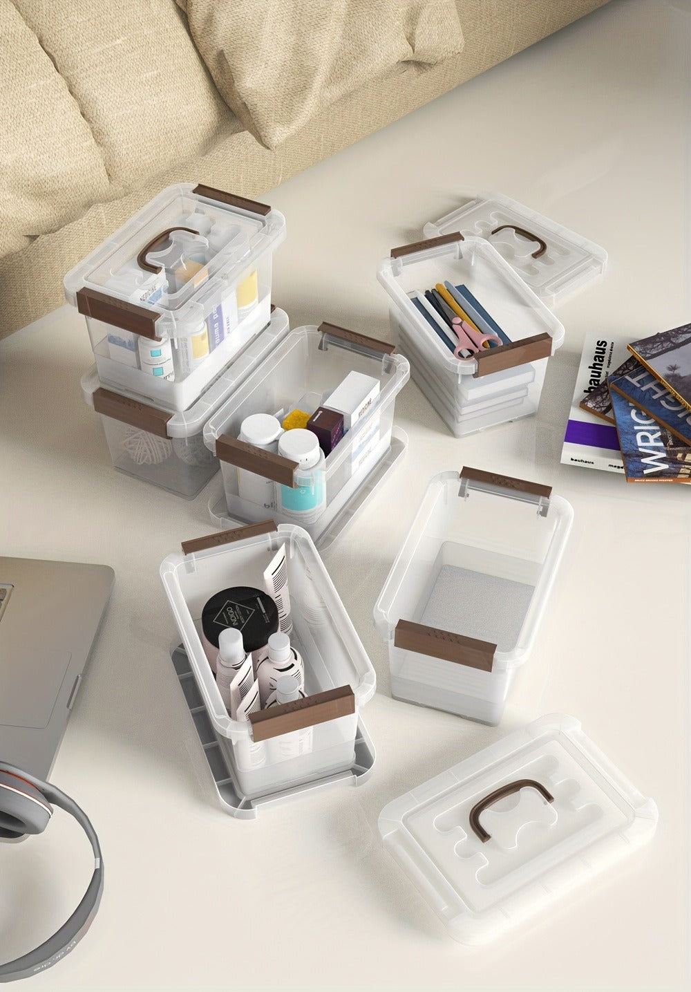 Six-Pack 3.5-Quart Clear Storage Bin Set with Brown Latches, Lid Handles and Stackable Shape