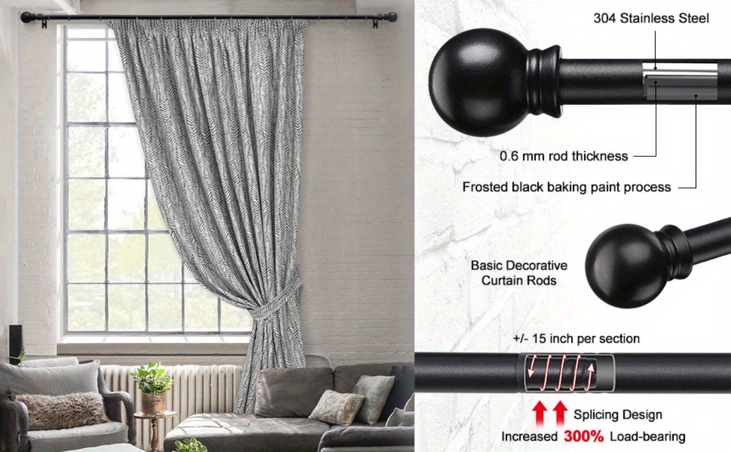 Two-Pack Matte Black Curtain Rod Set with 5/8 Inch Tube and 28–52 to 28–95 Inch Size Options