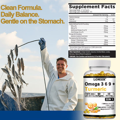 Omega 3-6-9 & Turmeric Softgels with DHA & EPA, Wild Fish Oil Blend, Emulsified Turmeric for Heart