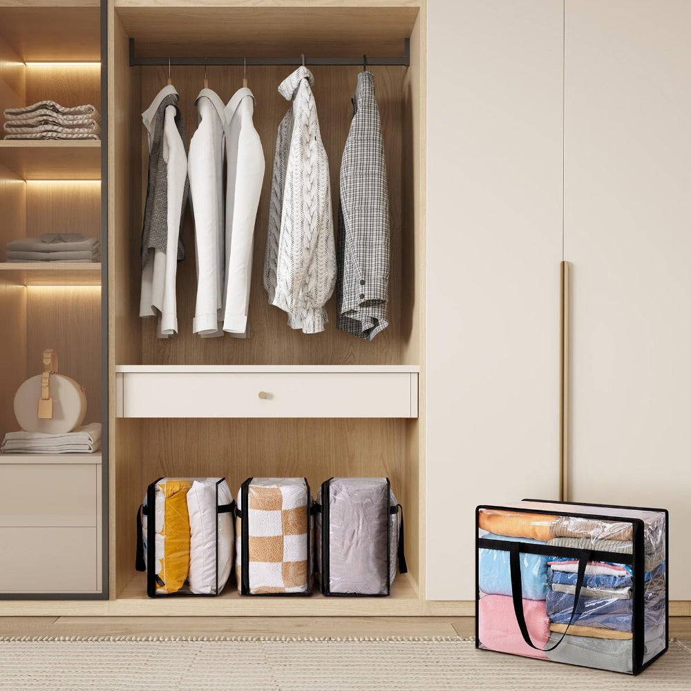 Four-Piece 40-Liter Clear Storage Bag Set with Black Handles, Zipper Closure and Fold-Flat Design