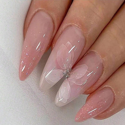Press On Nails 96-Piece Almond Four-Pack Ice Pink Gradient Flower Butterfly Glossy Full-Cover Set