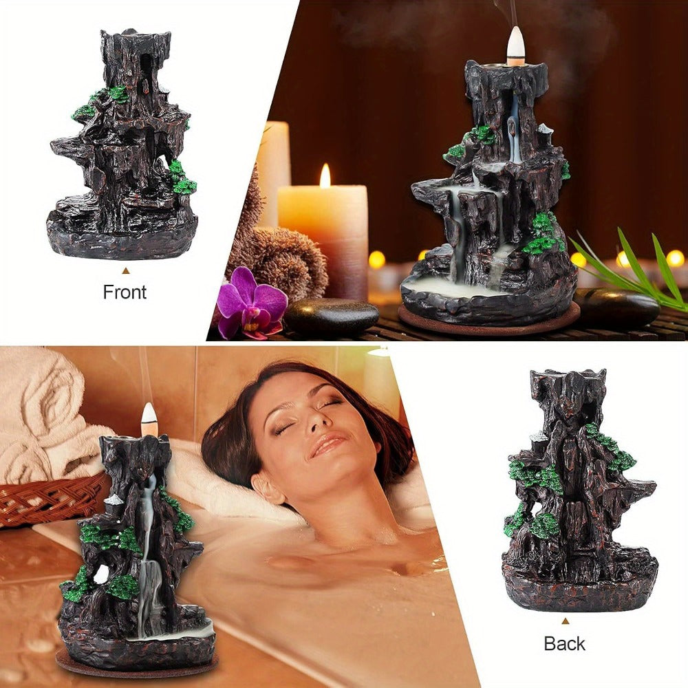 Backflow Incense Burner Waterfall Smoke Effect 2-Side Incense Holder with 120 Backflow Cones for Entryways, Bedrooms and Living Spaces