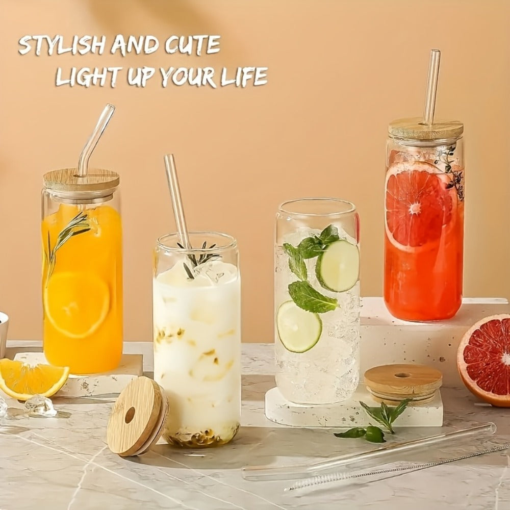 Glass Coffee Cup Drinkware Set, 16oz Clear Cups with Bamboo Lids, Glass Straws and Brushes in 4 to 16 Pieces