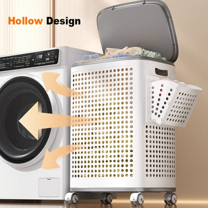 Rolling Laundry Basket with Lid and Wheels, Large Foldable Ventilated Storage Bin with Lockable Casters