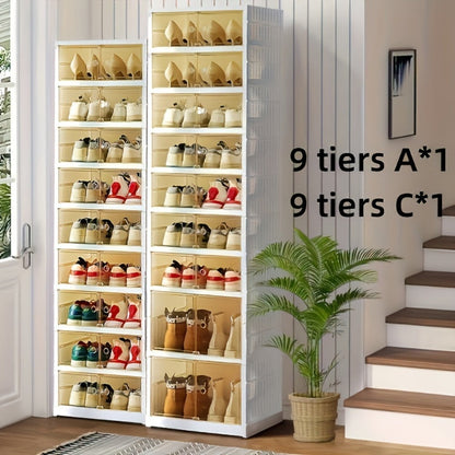 Shoe Rack Organizer 9-Tier, Collapsible Clear Plastic Foldable Stackable Shoe Cabinet with Shelves & Doors