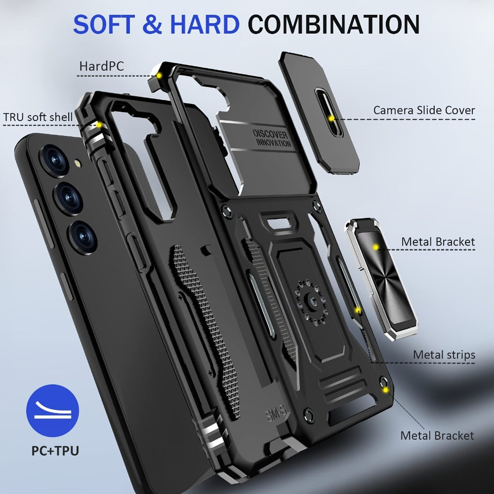 Samsung Galaxy Shockproof Magnetic Phone Case with 360° Rotating Ring Bracket & Sliding Lens Protector – Heavy Duty Cover for S24FE S23FE