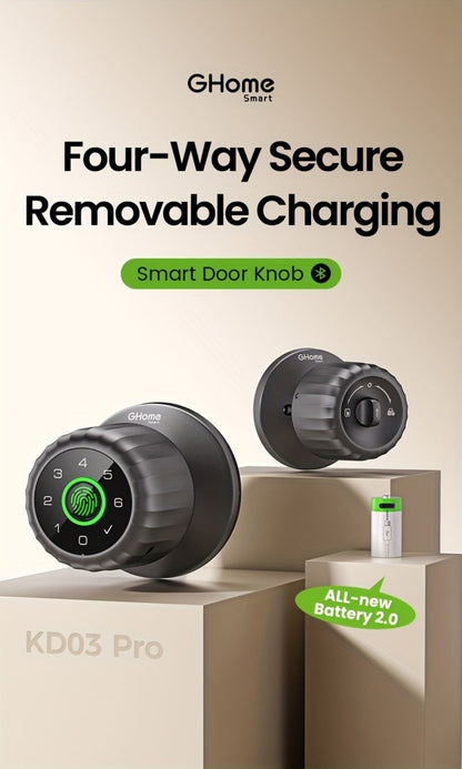 GHome KD03 PRO Smart Door Knob 4-in-1 with USB-C Charging & Gateway Remote – Fingerprint, Keypad & App, Anti-Peep, Tamper Alarm