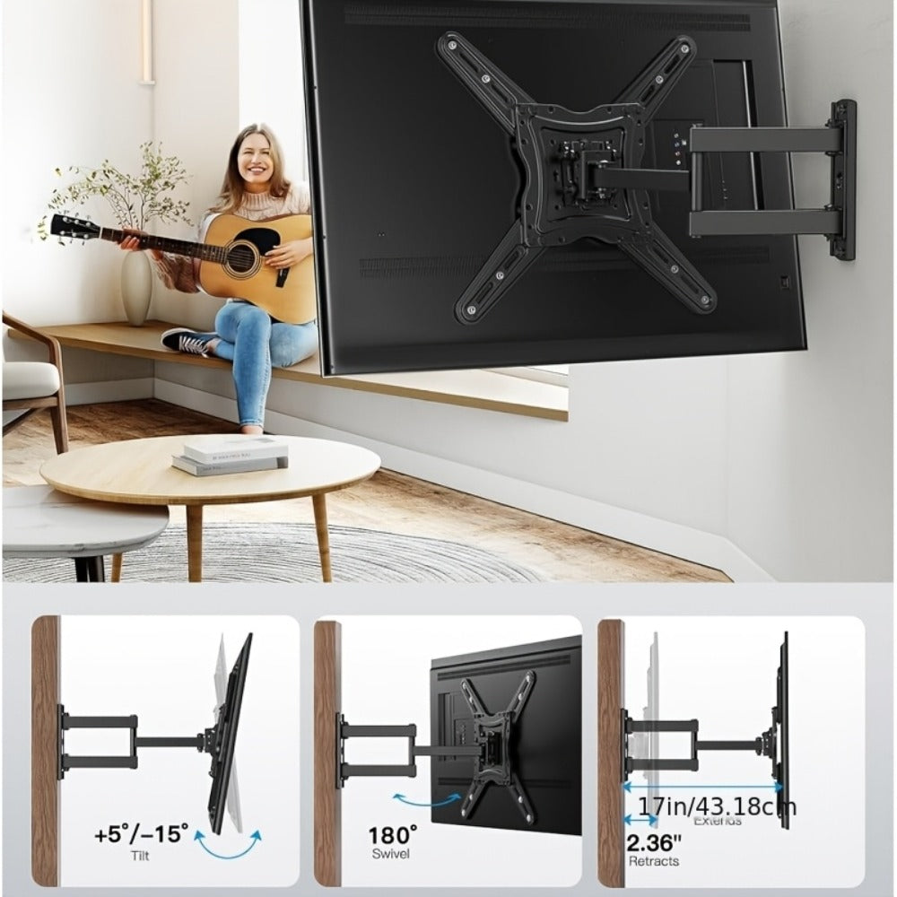 Black Single-Arm TV Wall Mount with Swivel, Screen-Plate Rotation and Articulating Extension