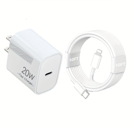 20W iPhone Fast Charger Bundle 3-Pack with 10ft L-Shaped Lightning Cable, 3 Chargers + 3 Cables Set for iPhone 14 13 12 11 Pro Max SE XR