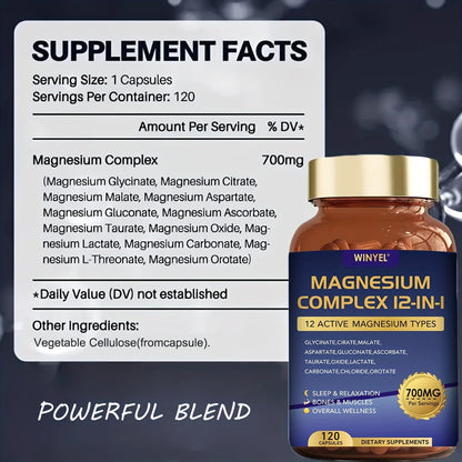 Magnesium Complex 700mg 12-in-1 120 Capsules with Glycinate, Citrate, Malate & Taurine for Sleep
