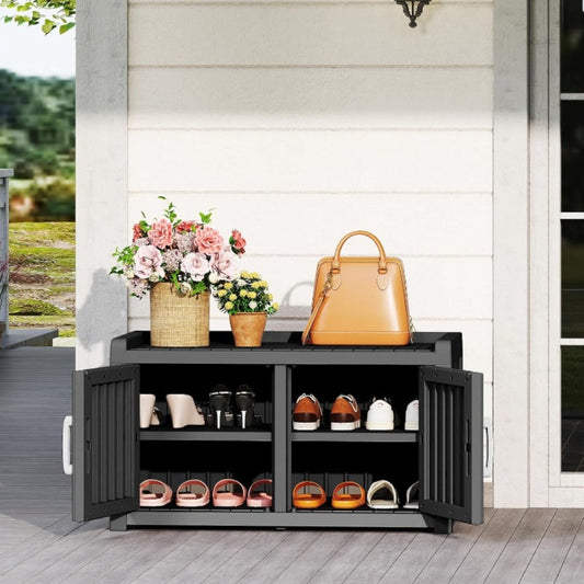Shoe Storage Bench with Hidden Cabinet Entryway Bench All-Weather Resin Indoor Outdoor Porch Patio Mudroom Hallway Organizer
