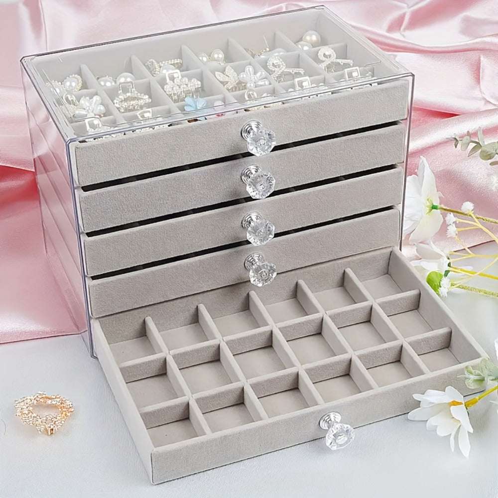Jewelry Organizer 5-Tier 56-Grid Drawer Box in Gray or Beige for Rings, Earrings, Brooches and Hair Clips