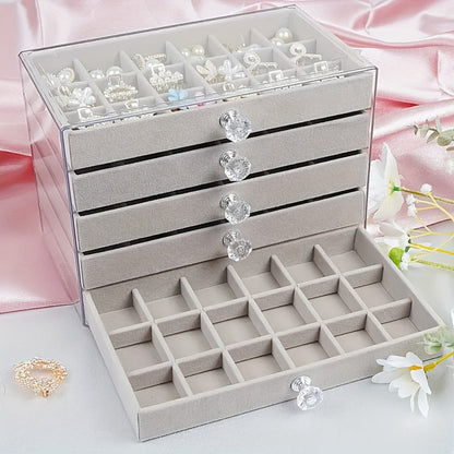 Jewelry Organizer 5-Tier 56-Grid Drawer Box in Gray or Beige for Rings, Earrings, Brooches and Hair Clips
