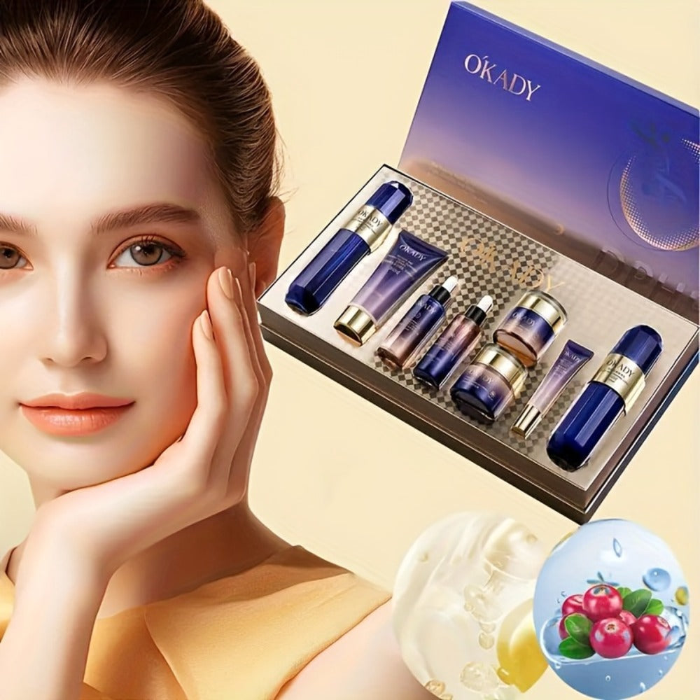 Skincare Set with OKADY Label, 8 Collagen and Hyaluronic Acid Product Items in Blue Gold Gift Box