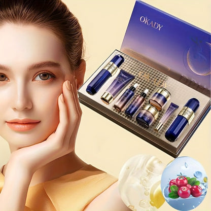Skincare Set with OKADY Label, 8 Collagen and Hyaluronic Acid Product Items in Blue Gold Gift Box