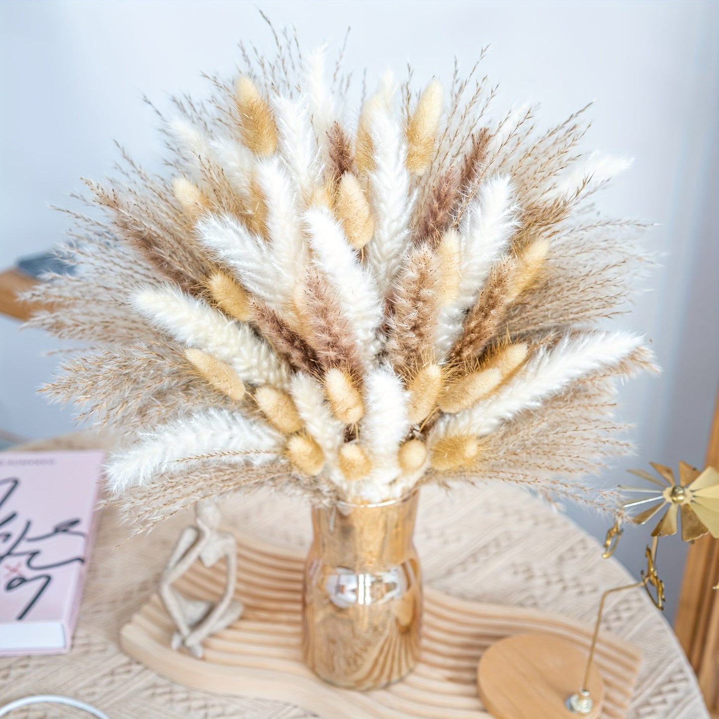 Natural Pampas Grass Decor Bouquet 105/120pcs Boho Dried Floral Arrangement - Centerpiece for Entryways, Bedrooms and Living Spaces
