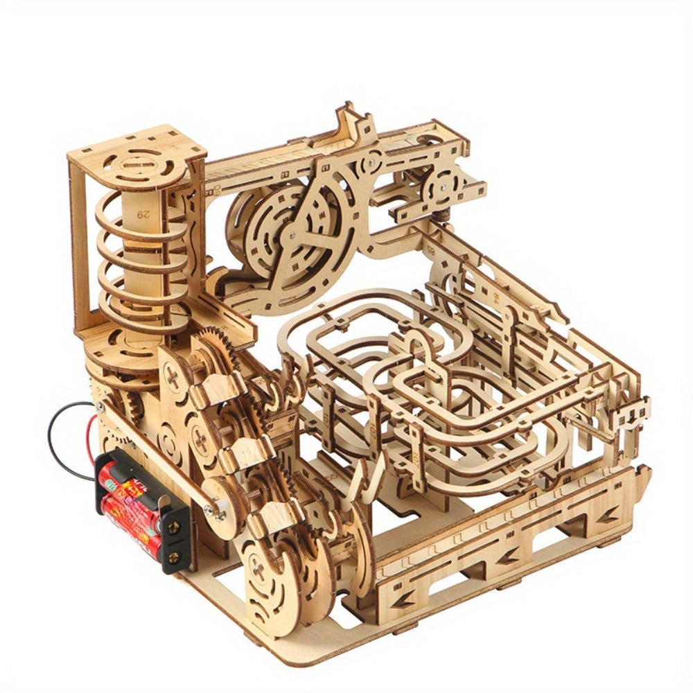 Wooden Marble Track Model Kit with Dual-Linkage A or B Builds, Laser-Cut Panels, Gears and Ball Rails